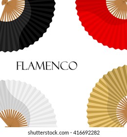 Vector illustration folding fan background, wallpaper, card with white, golden, black and red hand fan. Flamenco dance