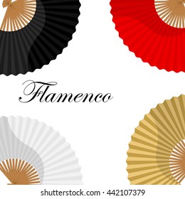 Vector illustration folding fan background, wallpaper, card with white, golden, black and red hand fan. Flamenco dance