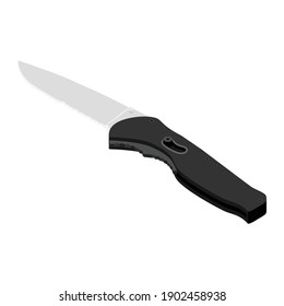 Vector illustration folding knife with black handle isolated on white background isometric view. Weapon