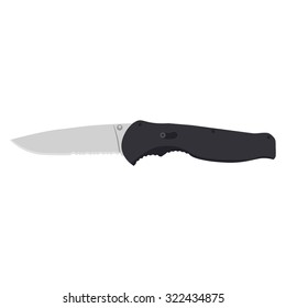 Vector illustration folding knife with black handle. Weapon 