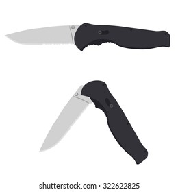 Vector illustration folding knife with black handle. Weapon opened and closed knife