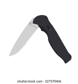 Vector illustration folding knife with black handle. Weapon 