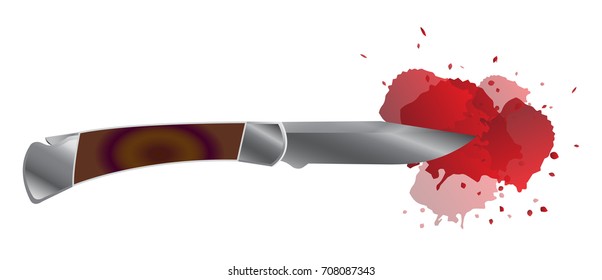 Vector illustration of folding pocket knife with wooden handle and with blood isolated on the white background