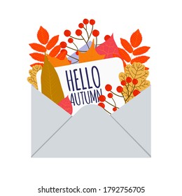 Vektorgrafik: Blattwerk in Umschlag und Brief. Hallo, Herbst.