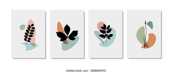 Vector illustration. Foliage silhouette drawing with abstract shape. Botanical wall art vector set. Plant and leaf Art design for print, cover, wallpaper, graphic flyers. Minimal and natural wall art