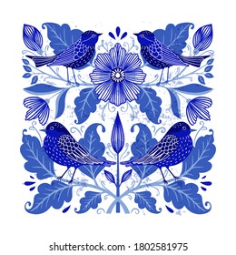 Vector illustration in folk art style with flowers and birds isolated on white background