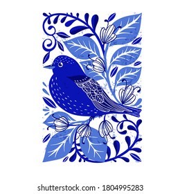 Vector illustration in folk art style with flowers and birds isolated on white background