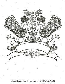 vector illustration of folk birds and floral elements
