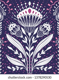 Vector illustration folk flowers poster, ornaments tribal pattern. Use for birthday cards, Happy Wedding day other decorations.