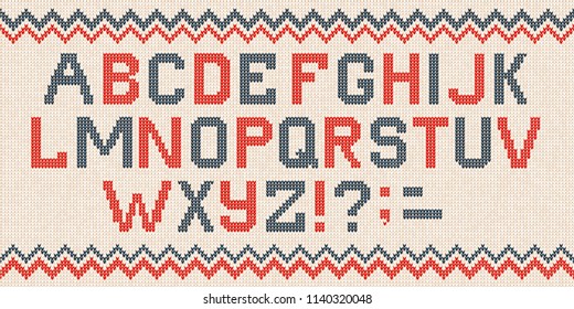 Vector illustration folk latin Christmas Font Scandinavian style knitted letters alphabet and pattern. Seamless background Nordic fair isle knitting, winter holiday sweater design.