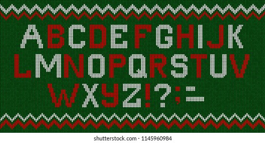 Vector illustration folk latin Christmas Font Scandinavian style knitted letters alphabet and pattern. Seamless background Nordic fair isle knitting, winter holiday sweater design.