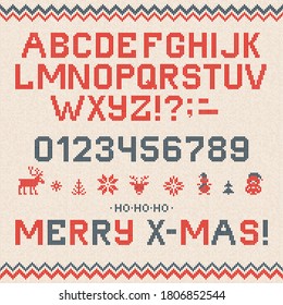 Vector illustration folk latin Christmas Font Scandinavian style knitted letters alphabet and pattern. Seamless background Nordic fair isle knitting, winter holiday sweater design. White, red, blue