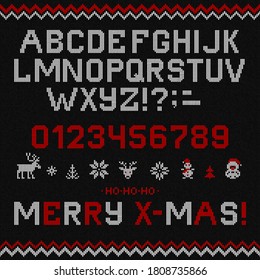 Vector illustration folk latin Christmas Font Scandinavian style knitted letters alphabet and pattern. Seamless background Nordic fair isle knitting, winter holiday sweater design. White, red, black