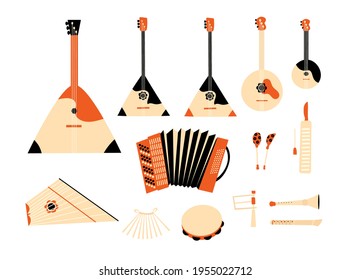 Vector illustration of folk orchestra instruments on white background.  Accordion, horn, balalaika, spoons, tambourine.