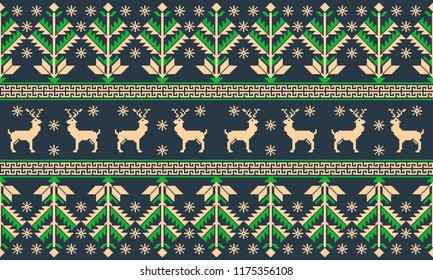 Vector illustration of folk seamless pattern ornament. Ethnic New Year green ornament with pine trees and deers. Cool ethnic border element for your designs