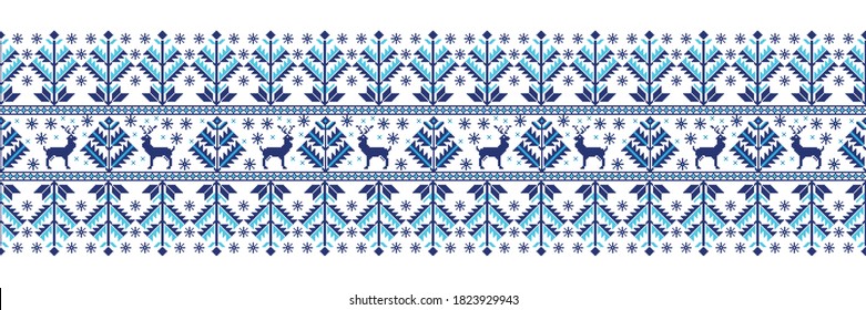 Vector illustration of folk seamless pattern ornament. Ethnic New Year green ornament with pine trees and deers. Cool ethnic border element for your designs.