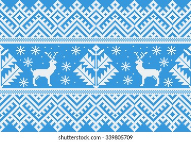 Vector illustration of folk seamless pattern ornament. Ethnic New Year blue ornament with pine trees and deers. Cool ethnic border element for your designs.