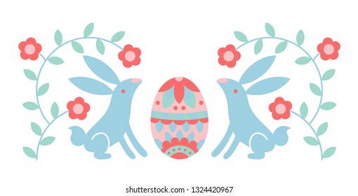 Vector illustration: folk style bunny icons with easter egg and flowers in pastel colors isolated on white background. Graphic design for Easter decoration, greeting cards and posters
