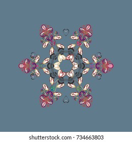 Vector illustration. Folk Style. Design for Fabric or Wallpaper. Ethnic of Lace Snowflakes. Lacy Fashion Print for Textile. Decorative Texture Background of Mandalas. Stylized Flowers.