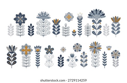 Folclore de ilustração vetorial, étnico com uma coleção de elementos florais decorativos em tons de azul e laranja. Inclui várias formas de flores e desenhos de folhas ideais para projetos artísticos.