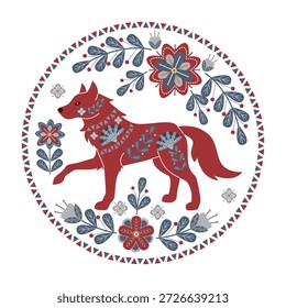 Folclore de Ilustración vectorial de un lobo rojo adornado con intrincados patrones florales dentro de un motivo circular. El estilo de arte Folk enfatiza los Elementos naturales y el diseño tradicional.