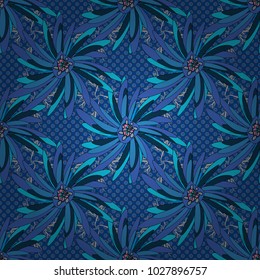 Vector illustration. Folkloric ethnic blue, black and gray embroidery floral seamless pattern. A line of neck, bags, textiles for your design.