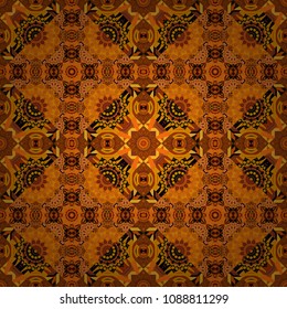 Vector illustration. Folkloric ethnic blue, yellow and orange embroidery floral seamless pattern. A line of neck, bags, textiles for your design.
