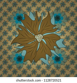Vector illustration. Folkloric ethnic blue, beige and brown embroidery floral seamless pattern. A line of neck, bags, textiles for your design.