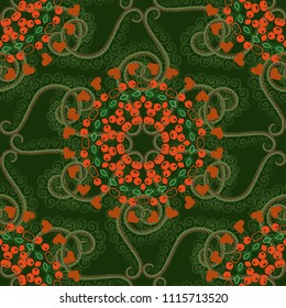 Vector illustration. Folkloric ethnic gray, green and orange embroidery floral seamless pattern. A line of neck, bags, textiles for your design.