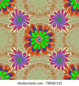 Vector illustration. Folkloric ethnic neutral, brown and violet embroidery floral seamless pattern. A line of neck, bags, textiles for your design.