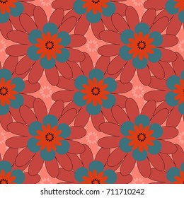 Vector illustration. Folkloric ethnic orange, blue and pink embroidery floral seamless pattern. A line of neck, bags, textiles for your design.
