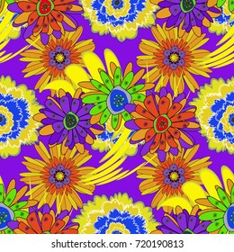 Vector illustration. Folkloric ethnic orange, yellow and violet embroidery floral seamless pattern. A line of neck, bags, textiles for your design.