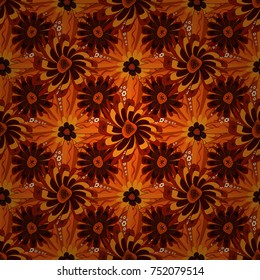 Vector illustration. Folkloric ethnic orange, brown and red embroidery floral seamless pattern. A line of neck, bags, textiles for your design.