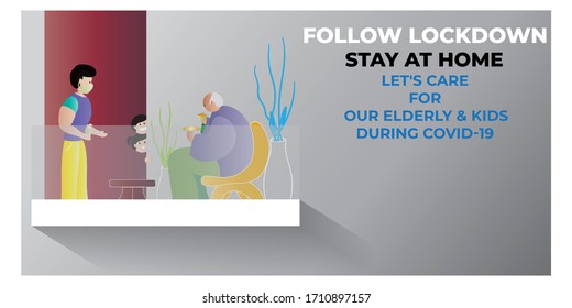 VECTOR ILLUSTRATION FOR FOLLOW LOCK DOWN -STAY AT HOME  ILLUSTRATION SHOWING PERSON IS LOOK AFTER  HIS OLD FATHER AND  KIDS IN CORONA VIRUS OUTBREAK OUTSIDE
