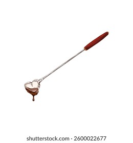 Vector illustration of fondue fork with heart-shaped marshmallow in hot chocolate. Watercolor hand drawn outline sketch. Delicious dessert. Isolated background.