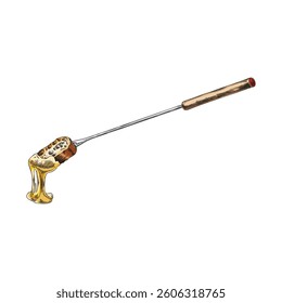 Vector illustration of fondue fork with loaf slice with melted dripping cheese. Vintage watercolor sketch hand drawn. French dessert. Isolated on torn background. Engraving.