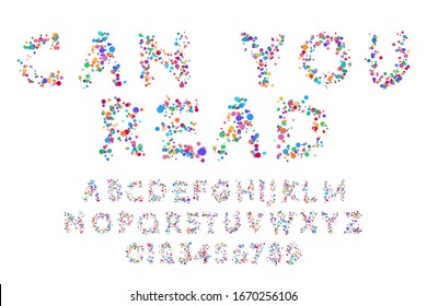  Ilustración vectorial. Fuente con círculos de diferentes colores en forma de átomos y moléculas. Cartas y números para promociones de diseño, banners de venta. Es difícil leer texto. Secuencia de comandos de color borrosa