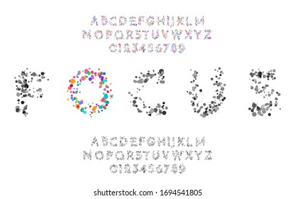  Ilustración vectorial. Fuente con círculos de diferentes colores en forma de átomos y moléculas. Es difícil leer texto. Cartas y números coloridos, en blanco y negro para los carteles, carteles y folletos de diseño