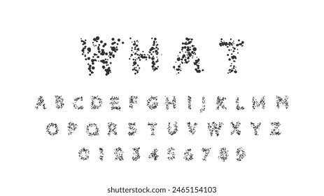 Vector illustration. Font containing black color circle shapes. Illegible letters and numbers for designs, education and medical assignments. Hard to read text. Abstract surreal script