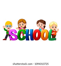 vector illustration of Font design for word school with teacher and students