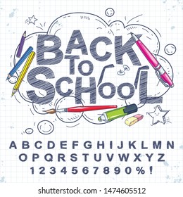 Vector illustration of a font drawn with a pen. The inscription back to school, a red pen, a set of pencils on the background of a notebook sheet.