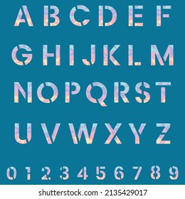 Vector illustration of a font with letters, numbers, signs, and symbols.