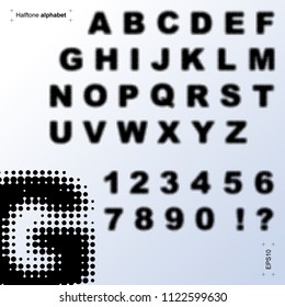 Vector illustration of fonts with halftone. Gradient dot design. Set of letters and numbers.
