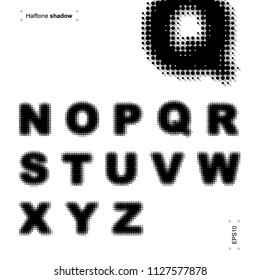 Vector illustration of fonts with shadow. Halftone design. Set of letters on wite background.