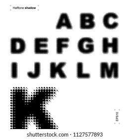 Vector illustration of fonts with shadow. Halftone design. Set of letters on wite background.