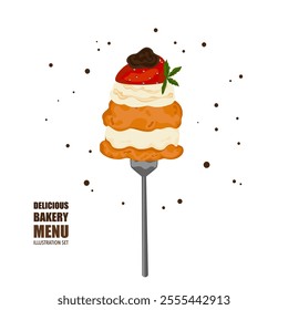 Vector illustration of food, bakery, cupcake, cake, cream, pastry, handmade bread, cooking, sweet products, food menu. Empty isolated on white background. For posters, signs, cards and advertisements