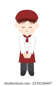 Vector illustration of a food and beverage employee bowing. Pastry chef, chef, cook, etc. White background.