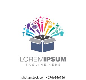 A vector illustration of food and beverage logo sign with food and beverage equipment jump out from a box 