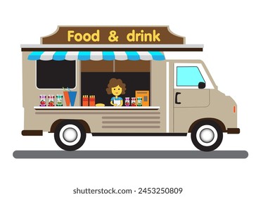 Ilustración vectorial de un camión de alimentos y bebidas. Fondo blanco.