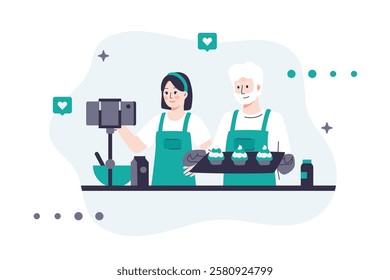 Vector illustration of a food blogger shooting a cooking video. An elderly man and woman in aprons prepare muffins while streaming content. Use for blogs, social media, and food-related content